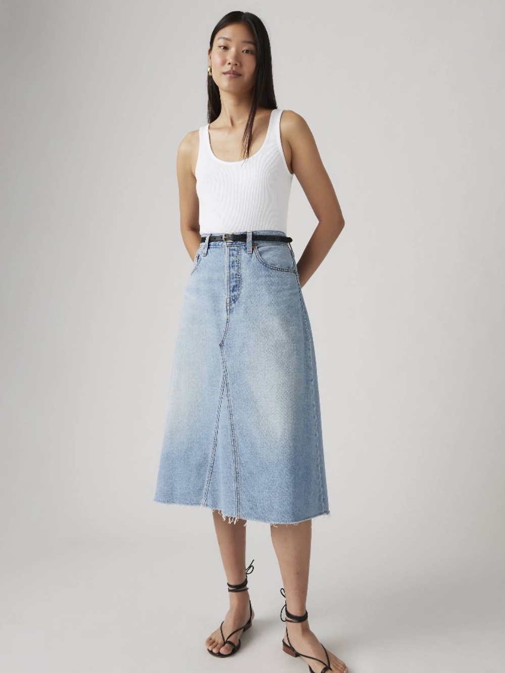 Levi's Premium High Rise A-Line Deconstructed Denim Skirt Midi Button Fly 28 - Picture 2 of 12